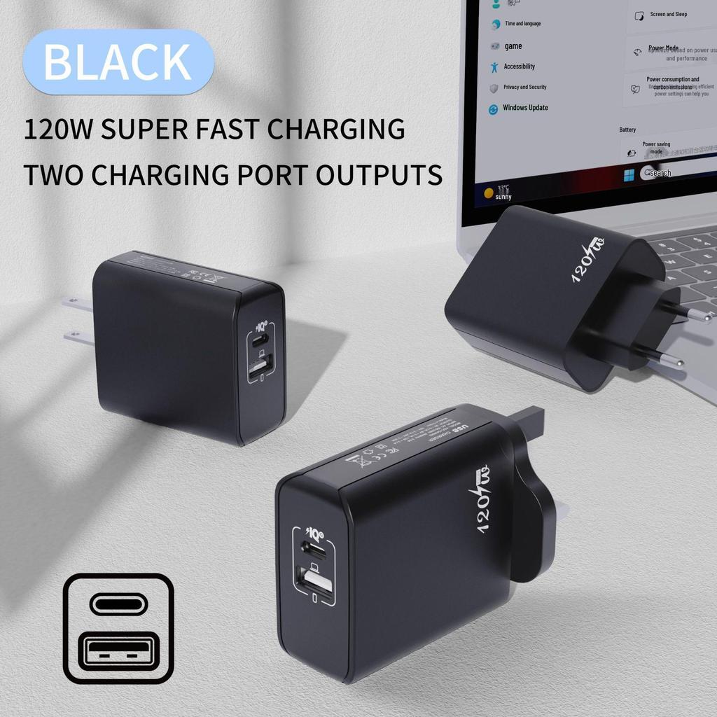 120W GaN Charger with A+C Ports, 65W Output, EU/US/UK Plug for Mobile Devices
