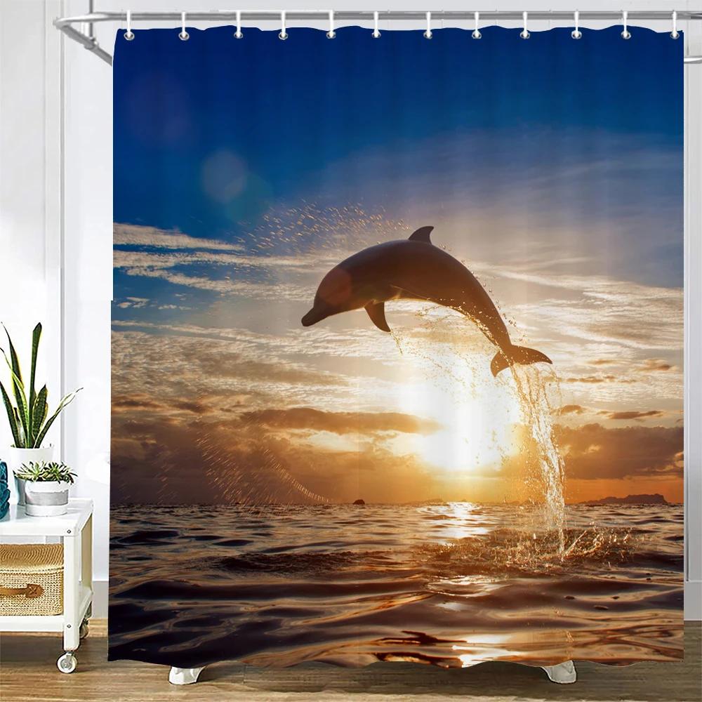 3D Printing Ocean Dolphin Bathroom Shower Curtain Sea Landscape Home Decoration Waterproof Polyester Curtain with Hook Curtain