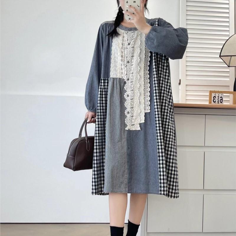 Johnature Frühlings-Patchwork-Spitzen-Patchwork-Karokleid Frühling Retro Lässig Locker Langarm Damenkleider