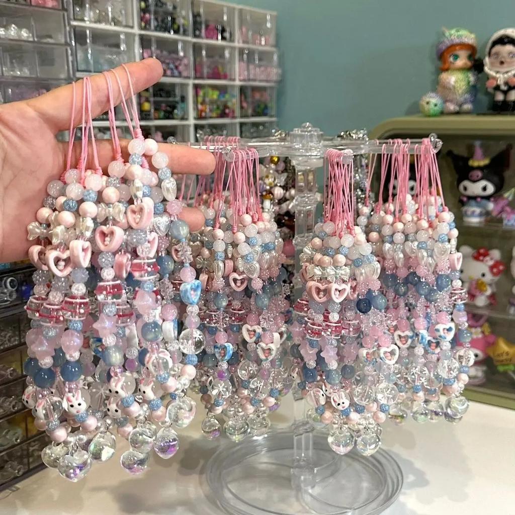 Cool Girl Pink Blue Phone Strap Lanyard Cute Kawaii Bead DIY Customized Pendant Key Chain For iPhone Oppo Vivo Camera Case