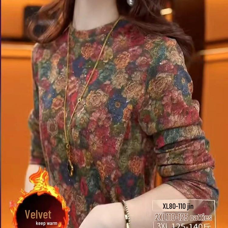 Elegant Age-Reducing Printed Long Sleeve Velvet Top - Slim Fit for Autumn/Winter