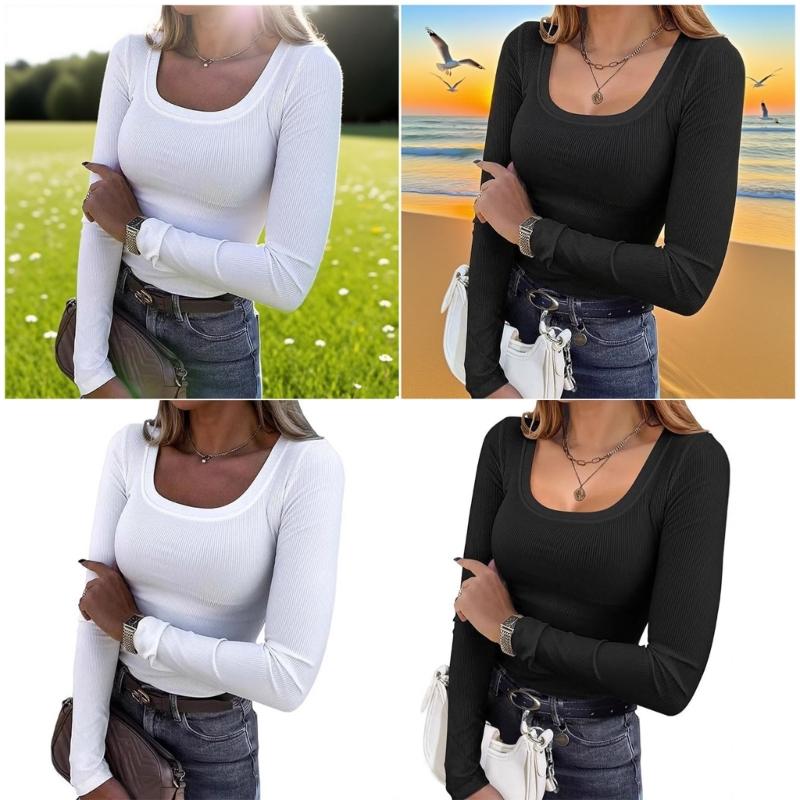 Womens Long Sleeve Shirt Square Neck Tops Ribbed Knit Basic Tee Top Teen Girls Fall Outfits Fashion Clothes 2026