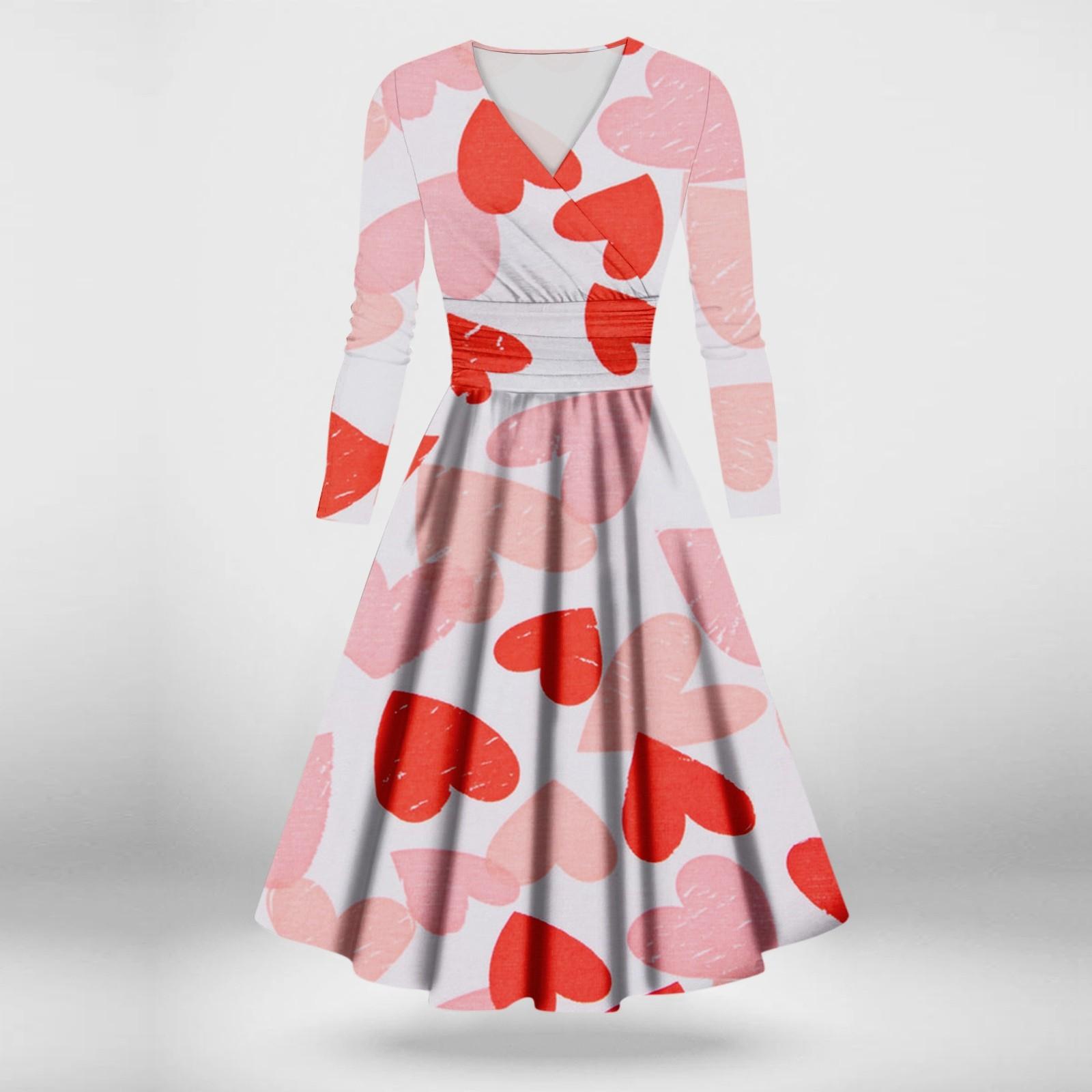 

Женское модное повседневное платье с принтом ко Дню святого Валентина, длинными рукавами и V-образным вырезом, сексуальное платье L горячий розовый