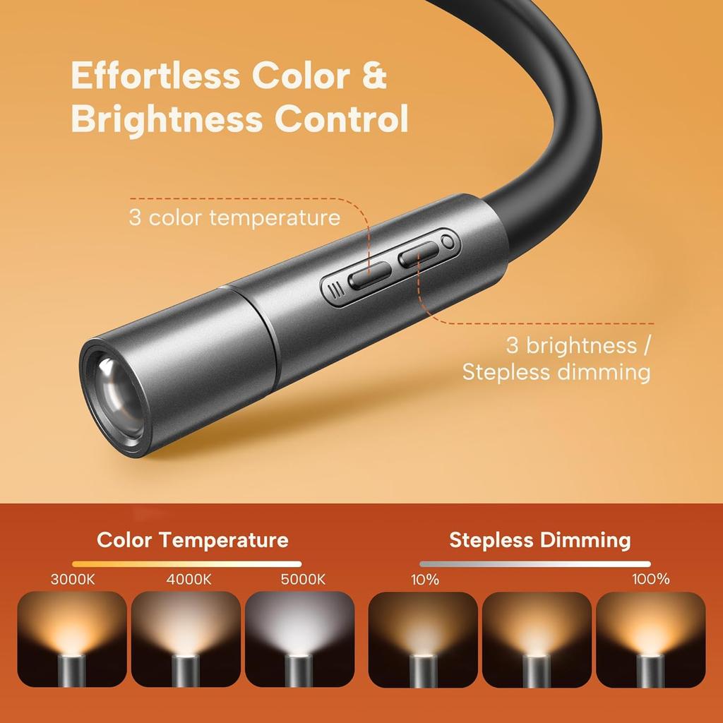 86lux LED Neck Reading Light, Book Light for Reading In Bed, 3 Colors, Hands Free, Long Lasting, Flexible Soft Lightweight Arms, Dual Focus Control