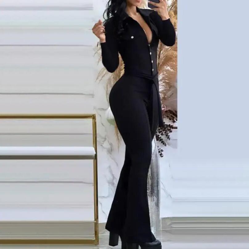 Jumpsuit Women Spring Fashion Buttoned Tied Detail Turn-Down Collar Plain Long Sleeves Skinny Daily Long Flared Jumpsuit