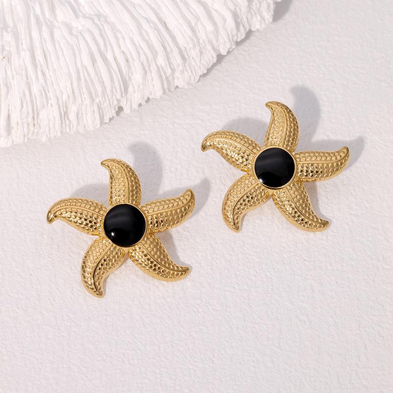 Waterproof New Stainless Steel Stud Earrings Women's Ocean Series Vacation Wind Starfish Dripping Oil 18k Gold Earrings
