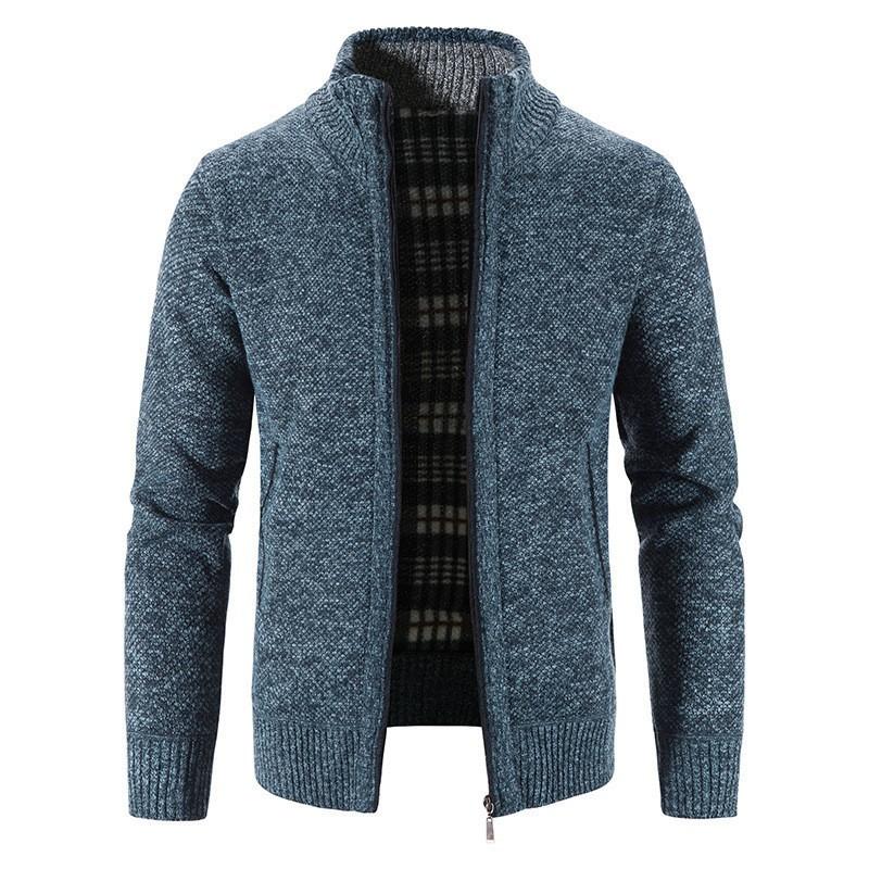 Mens Stand Collar Fleece Lined Solid Loose Knit Zip Up Long Sleeve Sweater Cardigan Coat