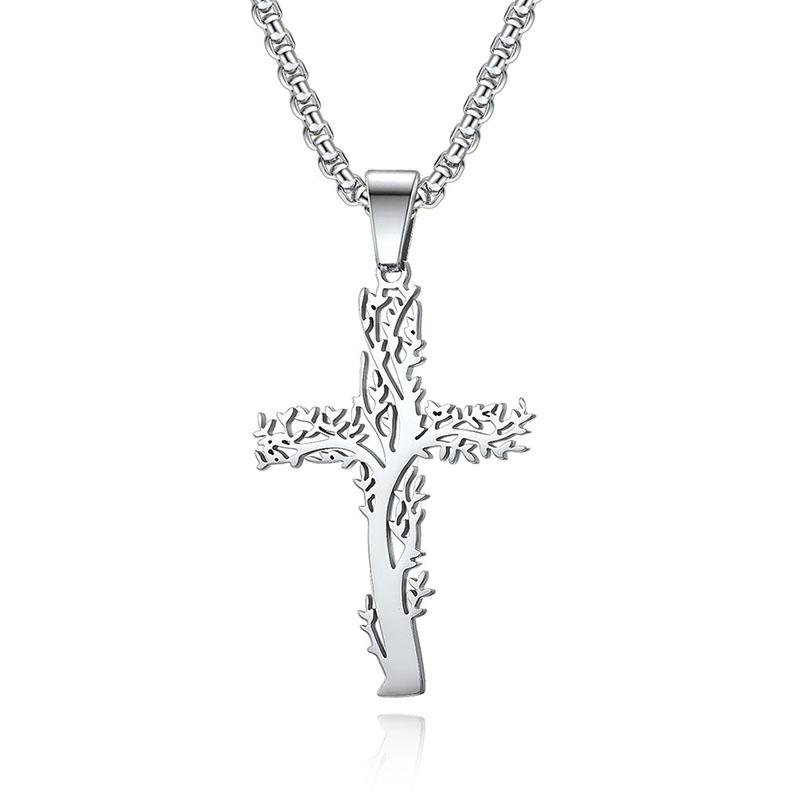 Charm Tree of Life Cross Pendant Necklace Women Men Stainless Steel Chain Crucifix Necklace Punk Religion Jewelry Accessories