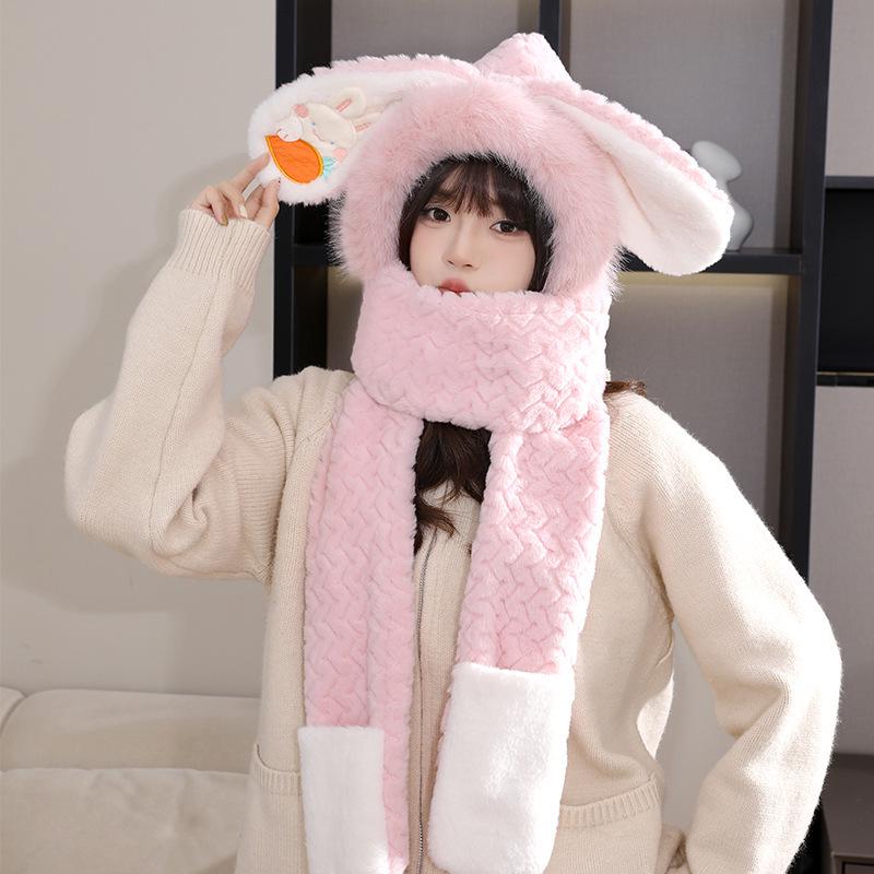 Women's Cozy Fox Ear Plush Hat with Integrated Scarf - Warm, Soft Lei Feng Design for Autumn and Winter. Perfect Ear Protection for Students.