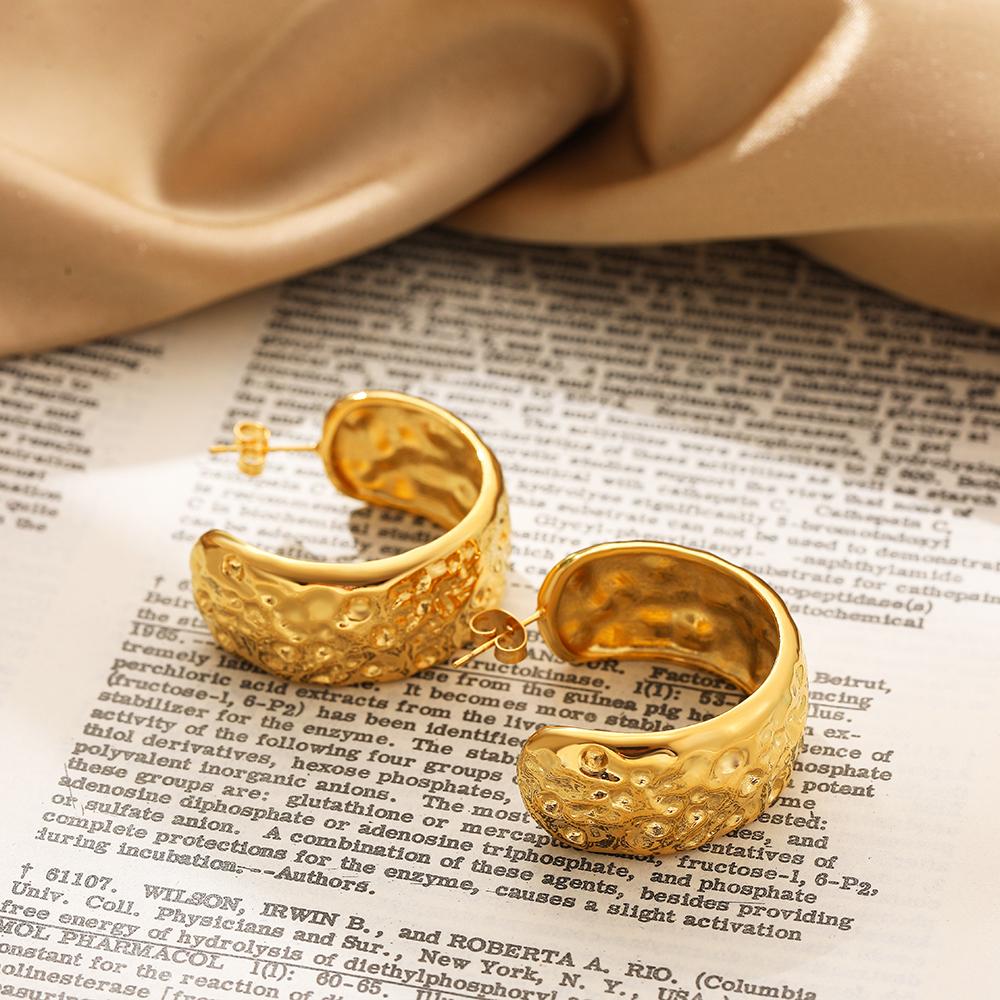 Stainless Steel Wide C-shape Hoop Earrings for Women 18K PVD Gold Plated Chunky Round Stud Earring Vintage Jewelry Party Gifts