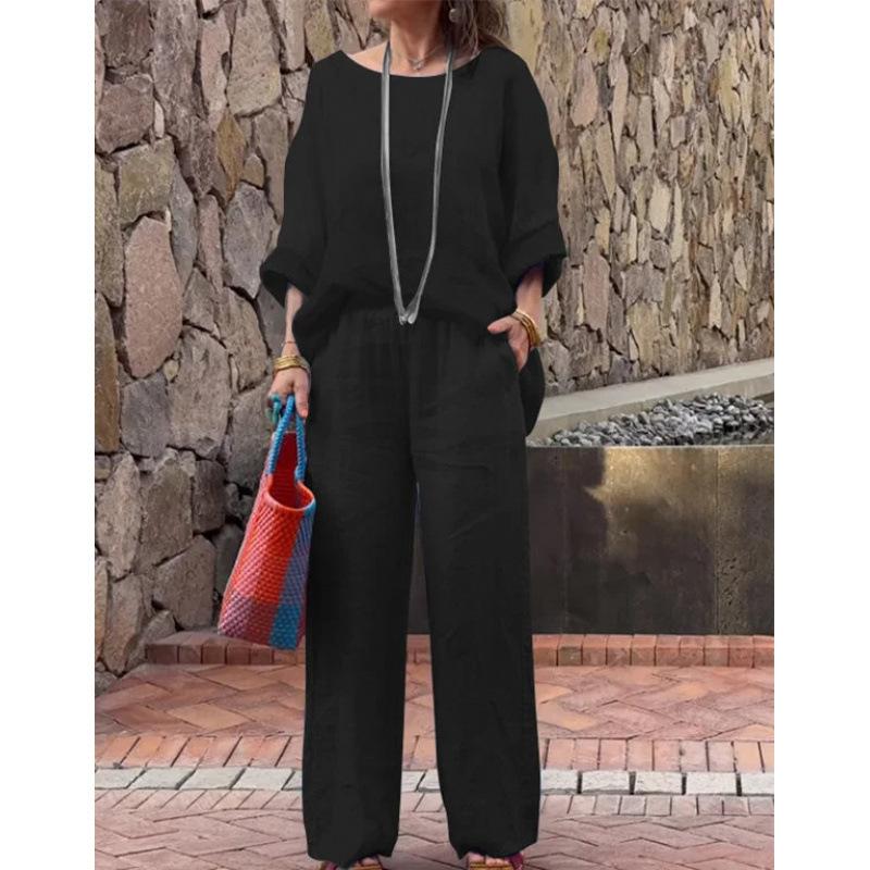 Women's Loose Fit Two-Piece Outfit Set 3/4 Sleeve Boat Neck Top High Waist Wide Leg Pants