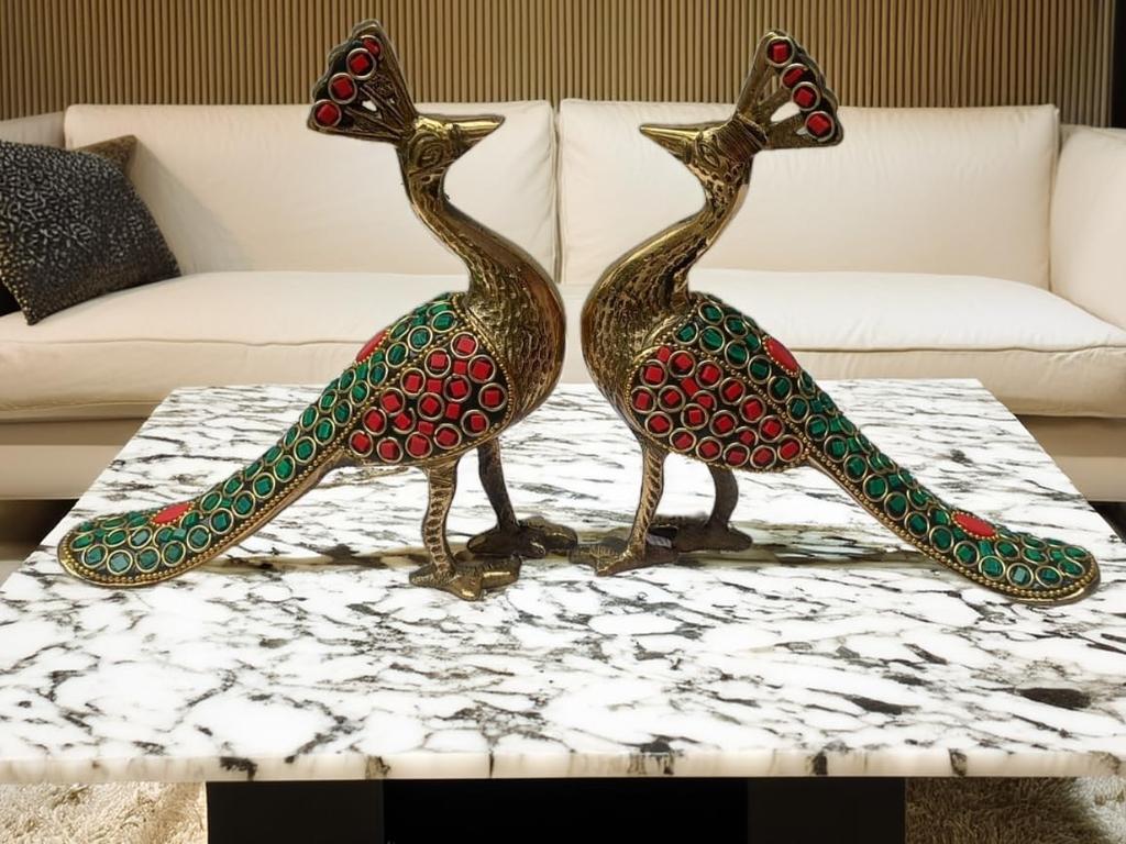 Peacock Couple Pair Sitting Decorative Showpiece In Multicolor Stone Finishing