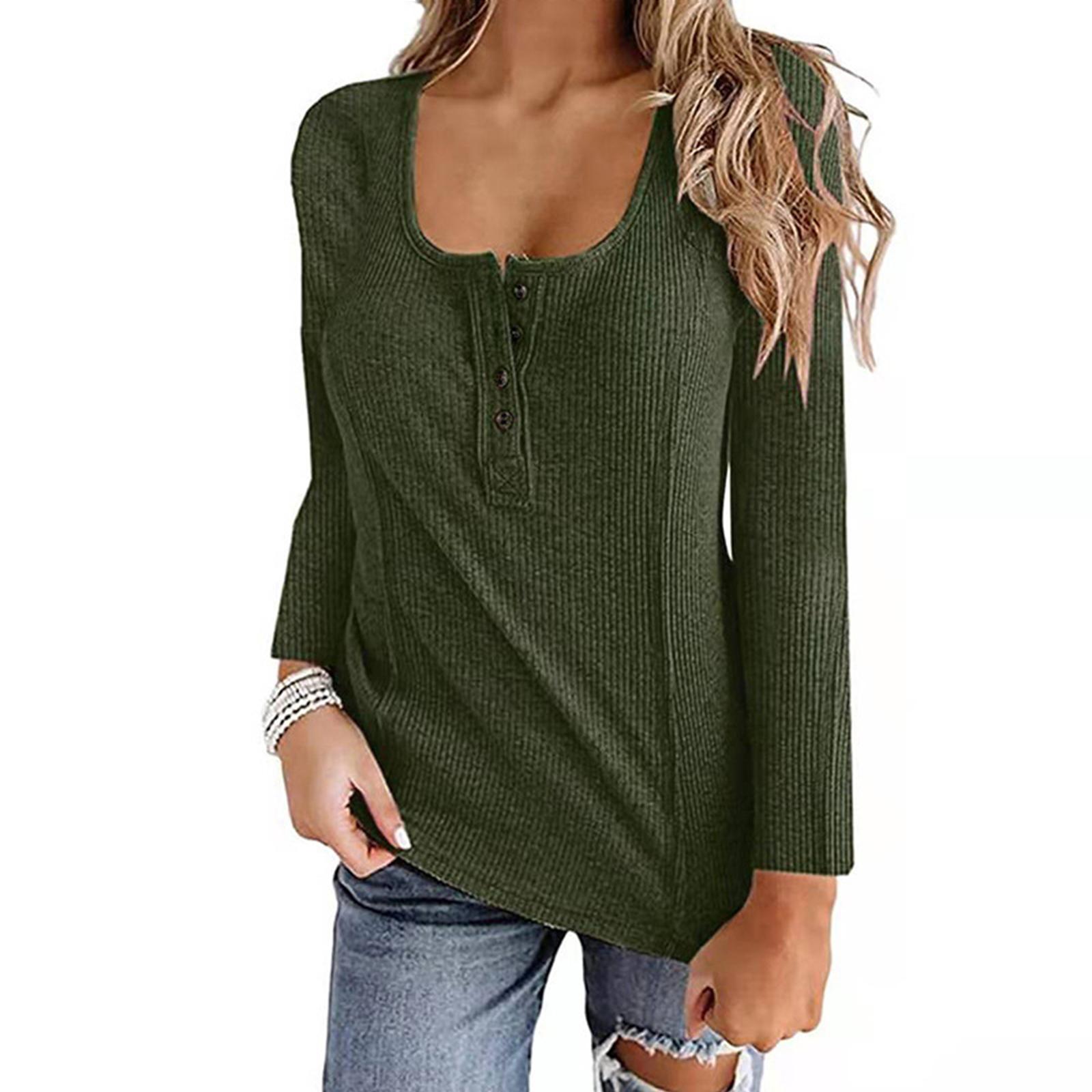 

Women s Casual Fashion U-Neck Button Solid Color Long Sleeve Top M