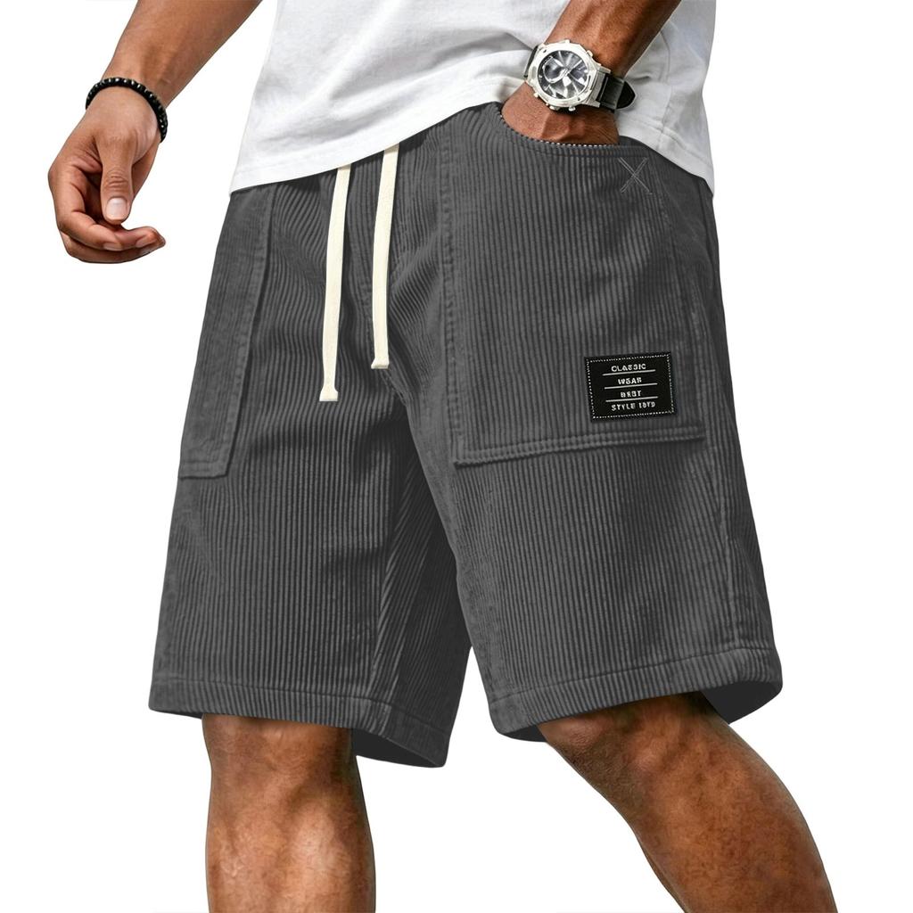 Men's Casual Corduroy Drawstring Shorts with Front Patch Pockets and Elastic Waistband Suitable for Everyday Wear and Outdoor Activities