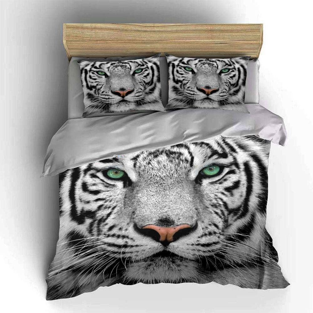 Close-Up Of White Tiger, Bright Green Eyes Print Soft Comfortable Duvet Cover Bedding Set Included 1*Duvet Cover 2*Pillowcases