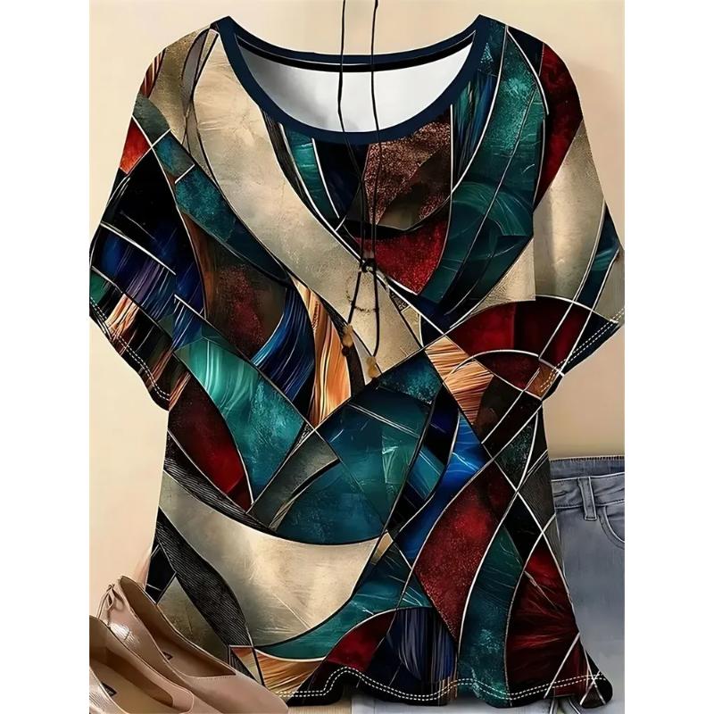 Fashion Women's Clothing Flower Short Sleeve Comfortable Short Sleeve Simple Crew Neck T-Shirt Crew Neck Short Sleeve 2D Flower Color Printing