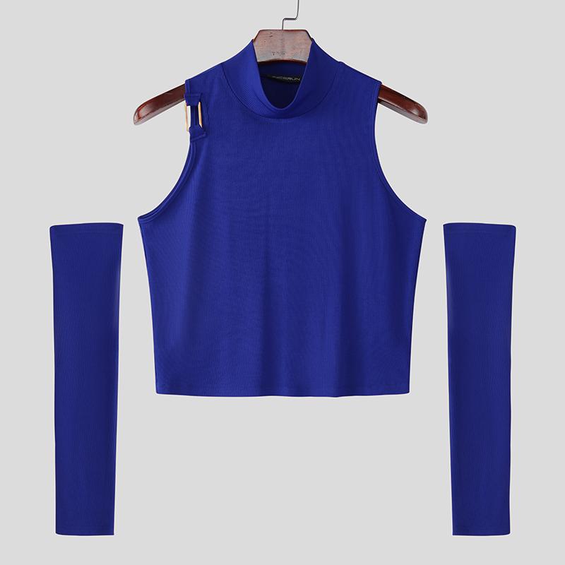 

INCERUN Men High Neck Oversleeve Sleeveless Rib Fitted Cropped Tank Tops 3XL синий