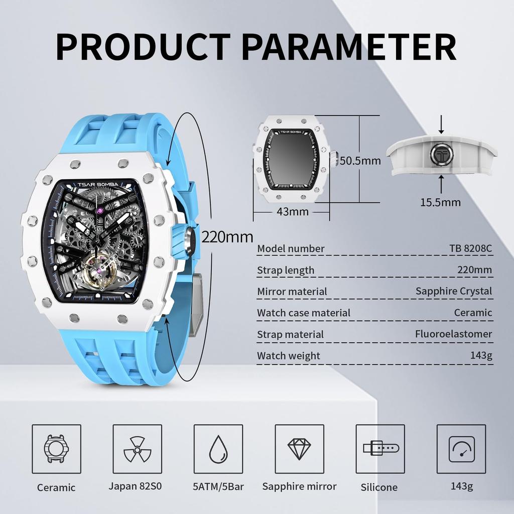 TSAR BOMBA Skeleton Mechanical Automatic Watch with Ceramic Japanese Tonneau FKM 50M Water and Luminous Design for and Casual Men's Movement, Strap,