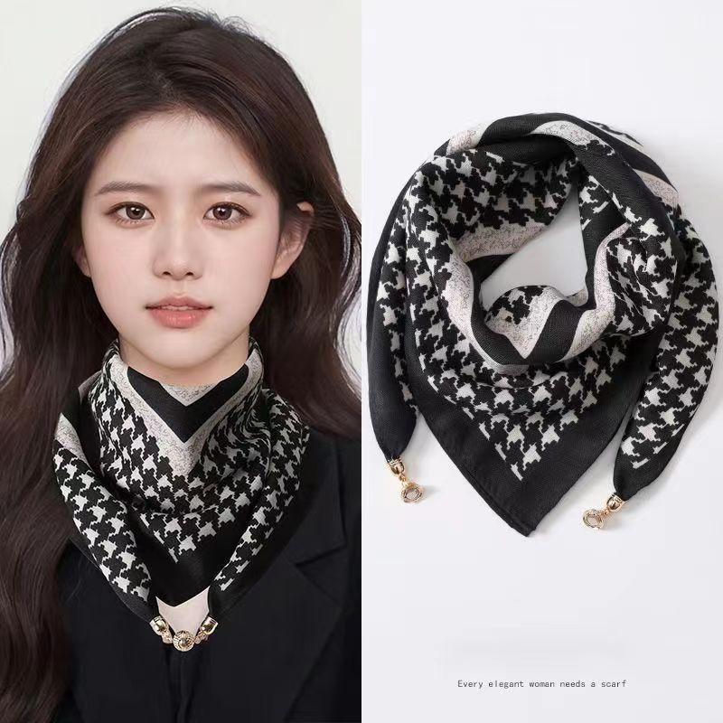 2025 New Fashion Magnetic Button Silk Scarf Women Small Square Scarf Autumn Winter Warm Anti Cold Scarf
