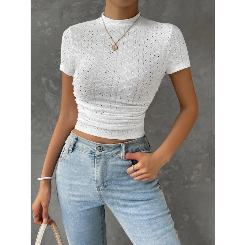 Summer Slim Fit Solid Color Spicy Girl Short Sleeved Hollow Exposed Navel Short Shirt for Women T-Shirts Women’s