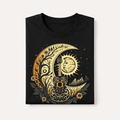 Cottagecore Acoustic Guitar T-Shirt, Boho Music Lover Tee, Sun Moon Stars Folk Graphic T-shirt