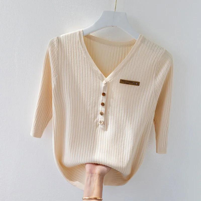 Blusa da Donna a Maglia Costinata Casual Scollo a V Manica Corta Top Decorato con Bottoni