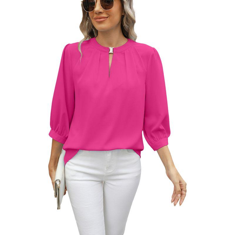 

2025V Collar Seven Quarter Sleeve Loose Chiffon Shirt Top Barbie powder S