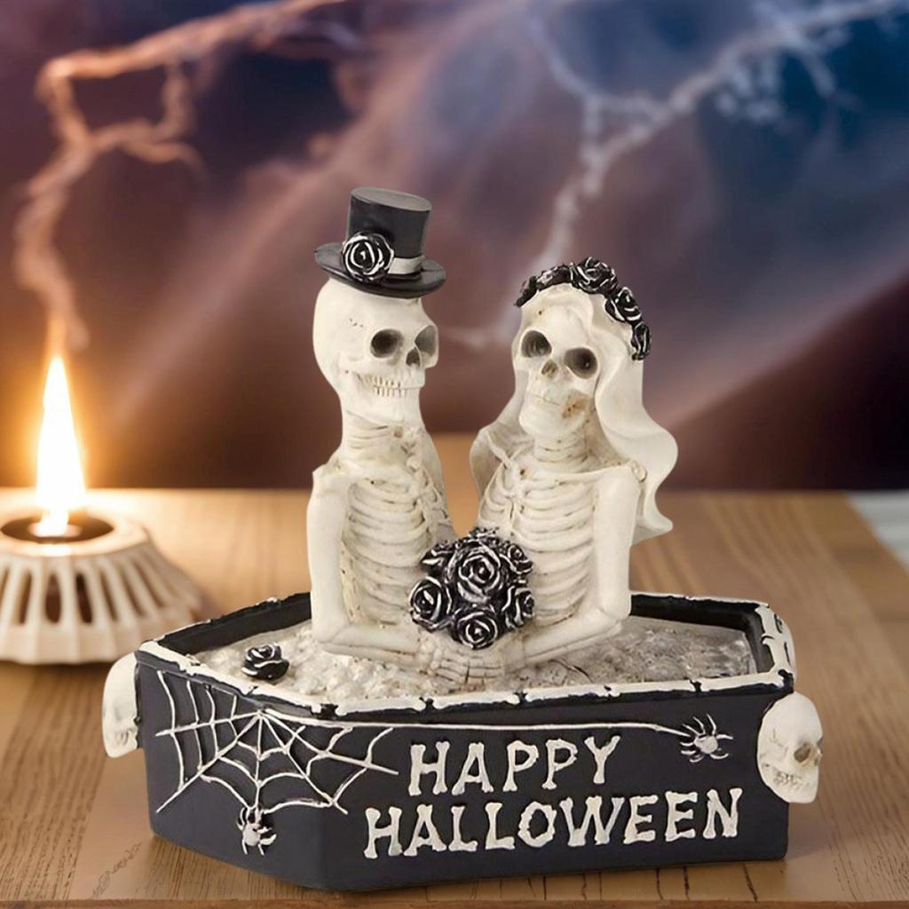 Skeleton Figure Halloween Skeleton Coffin Couple Figurine Resin Sculpture Collectible Gothic Decor Halloween Decorations Prank