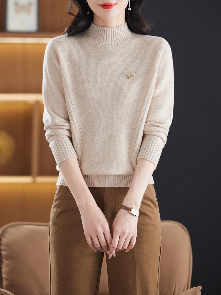 2024 Autumn/Winter Women's 100% Wool Loose Half-High Neck Knit Sweater