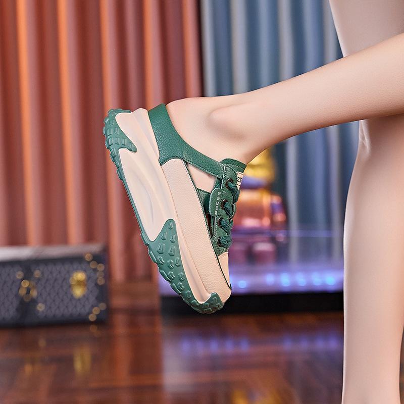 Baotou cool slippers women's outer wear 2025 summer new versatile thick-soled mesh hollowed out half-drag inner height-increasing casual shoes