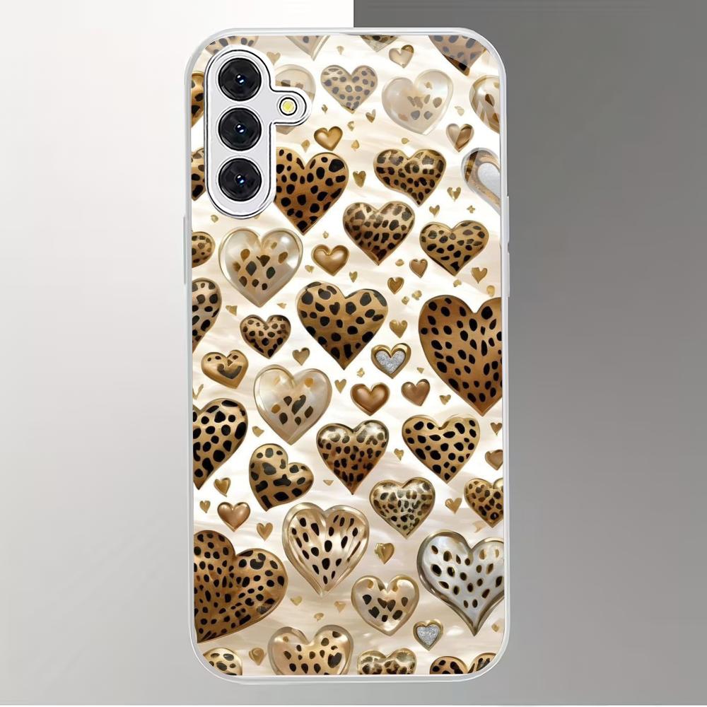 Leopard Patterned Heart-shaped Silver Plated Glass Phone Case Suitable for Samsung Galaxy S26 S25 S24 S22 S21 S20 FE/Ultra/Plus