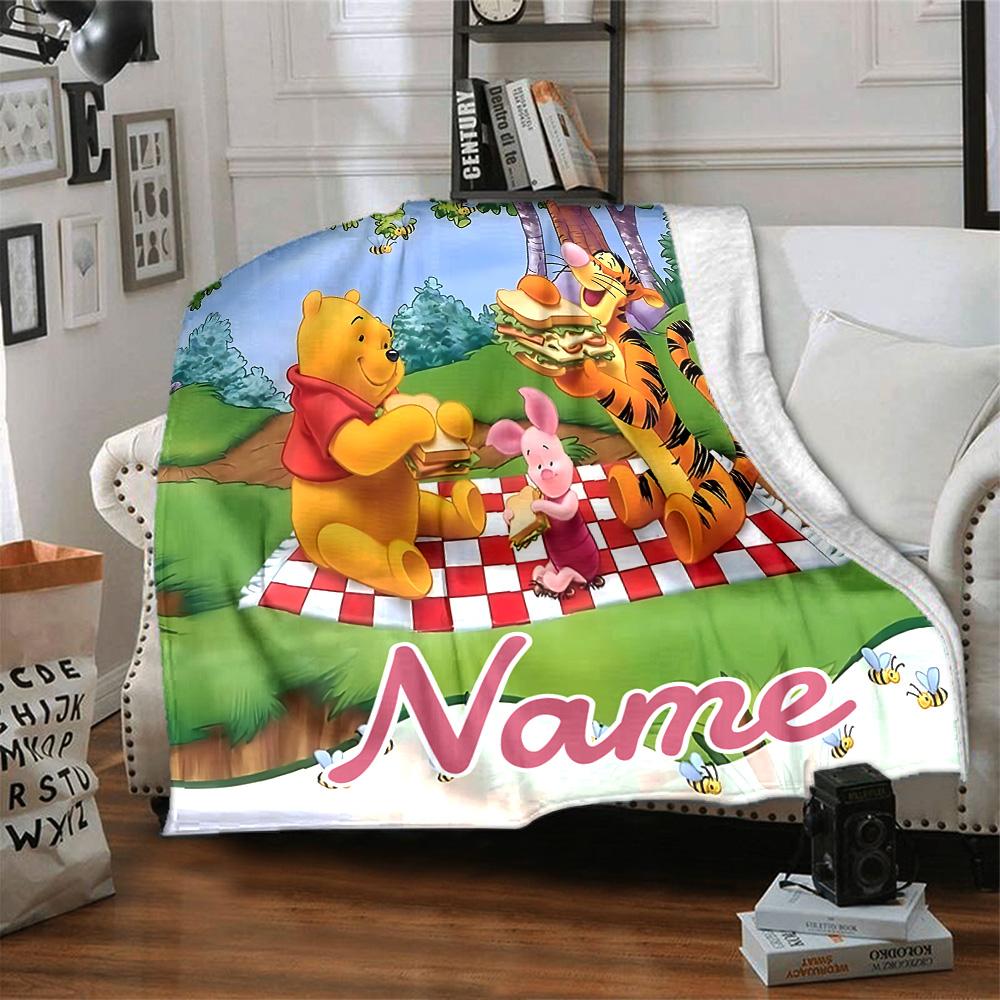 Custom Name Pooh Friends Adventure flannel Blanket for Super Soft Cute Comfort Blanket for Travel Bedding Couch Sofa Blanket