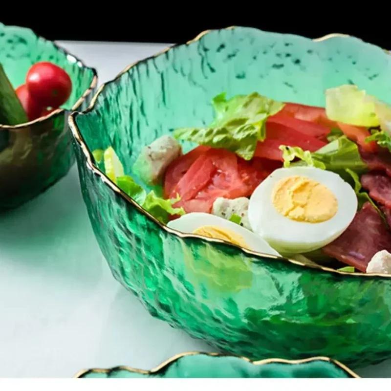 Glassalatschüssel mit unregelmäßigem Goldeinlagerand, Servierschüsseln für Obst und Reis, Vorratsbehälter für Lebensmittel, Lunchbox, Dekoration, Geschirr