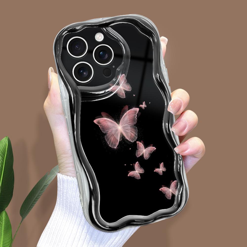For iPhone 16 15 14 Samsung S25 S24 S23 A06 A13 A14 A15 A16 A55 Redmi 14C 13C Note 14 13 12 Cream Texture Wavy Edge Pink Butterfly Phone Case