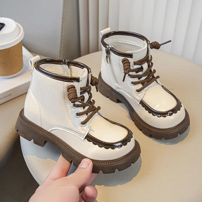 Girls' Britain Style Leather Boots Kids Black Round-toe Thick Sole Retro 2024 Spring and Autumn New Children's Short Boots Chic