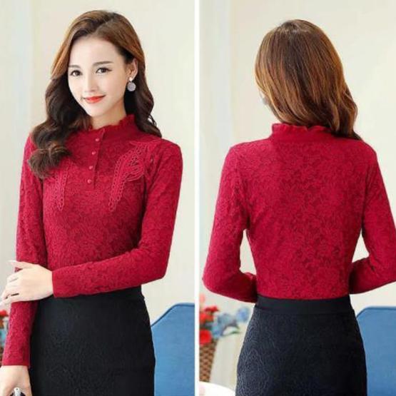 Plush Thickened Long Sleeve Lace Shirts Women's Autumn Winter Slim Fit Tops Large Size Warm Blouses