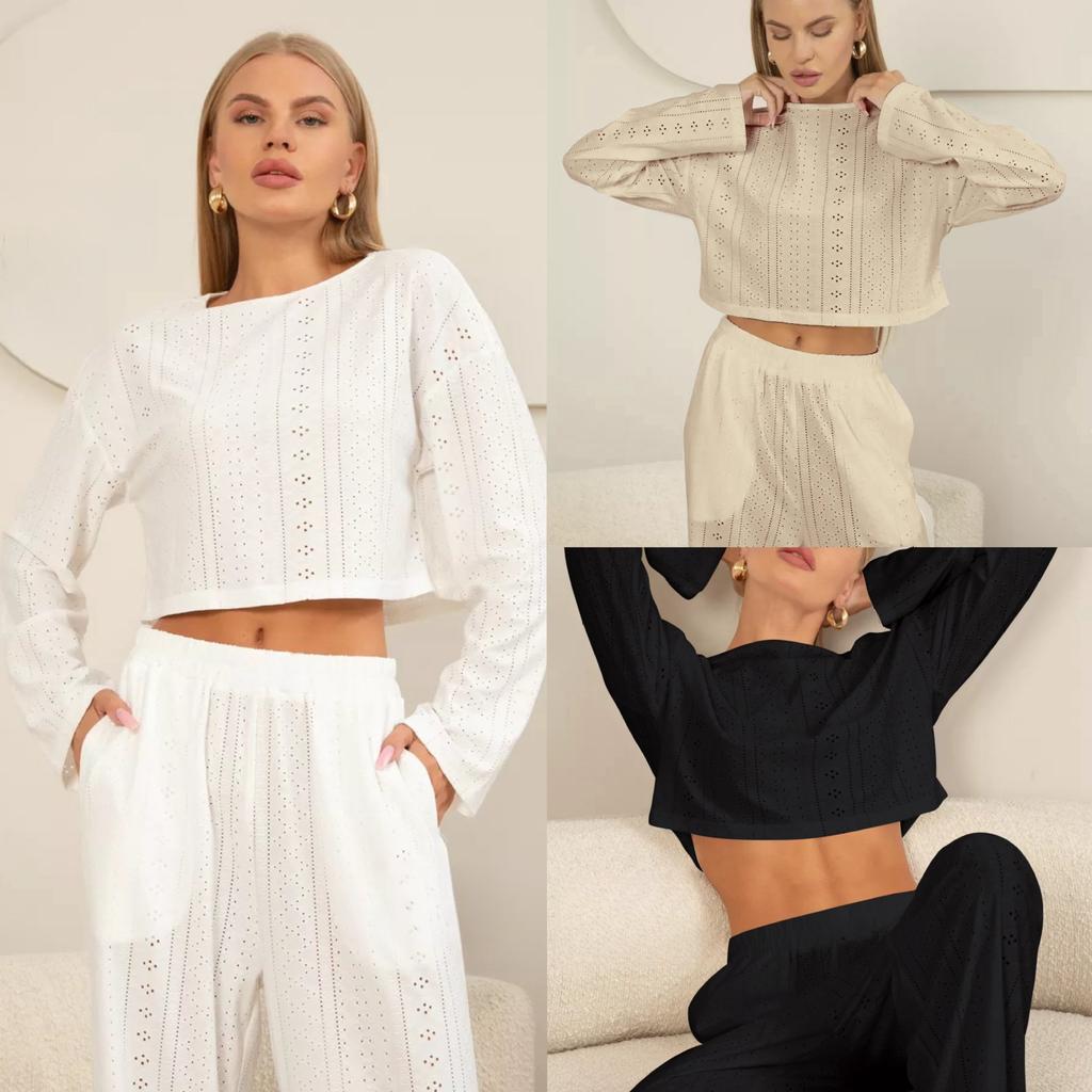 spring Summer solid Hollowed out jacquard Pajamas Set for Women Homewear Sexy pyjamas Loose long Sleeve crop Tops and pants 2 Pieces sets Sleepwear