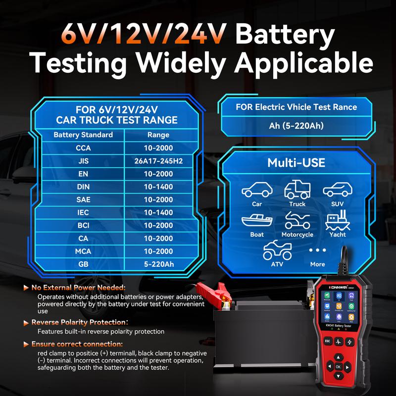 KONNWEI KW341 Car Moto Truck Battery Diagnostic Tool 6V 12V 24V Fault Data Printing Start Voltage Test Car Battery Charging Scan