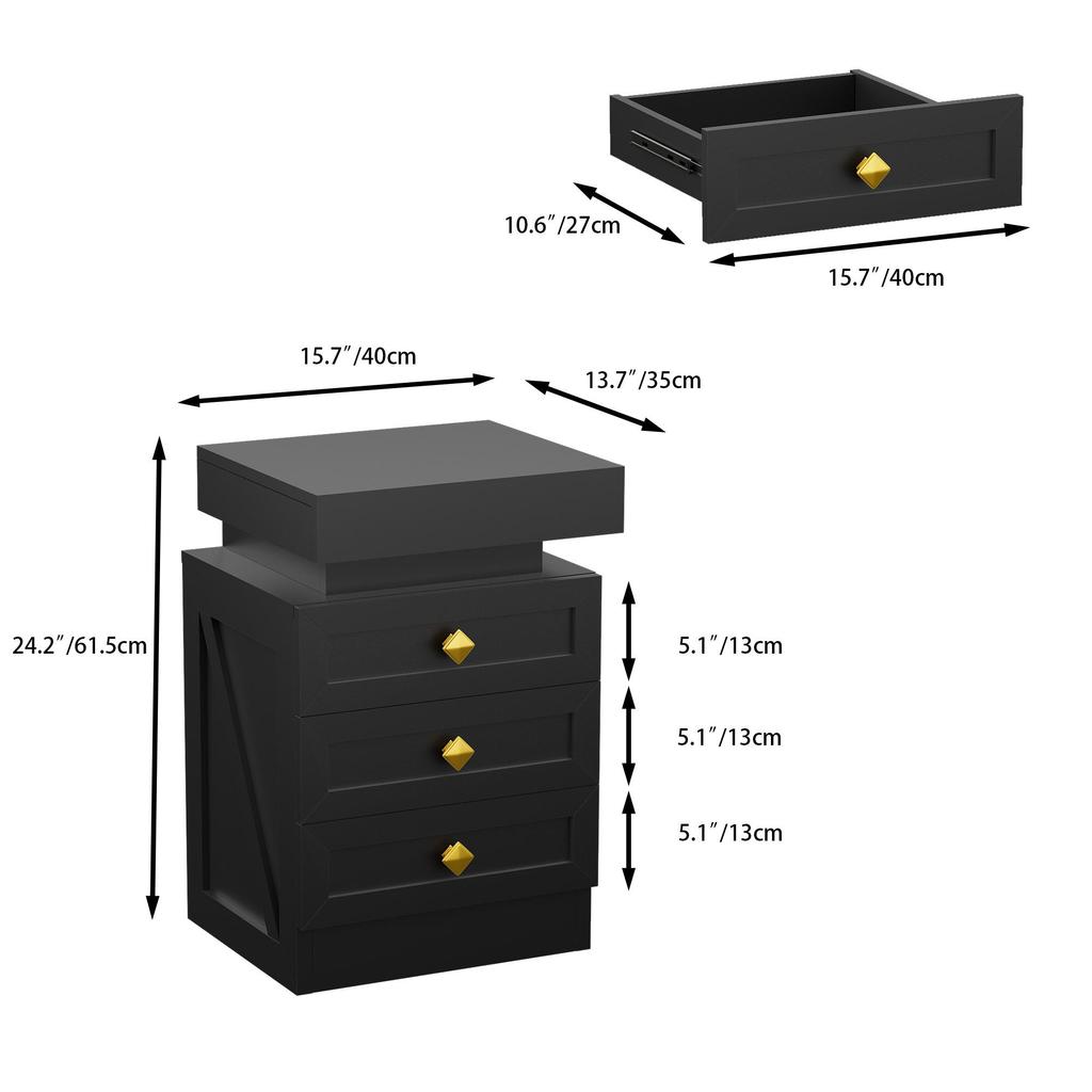 Bedside table, three drawers, with charging station, 2 AC power outlets/2 USB ports, European standard plug, black.