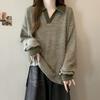 College Style Retro POLO Neck T-shirt for Women Autumn Winter Loose Lazy Sweatshirt