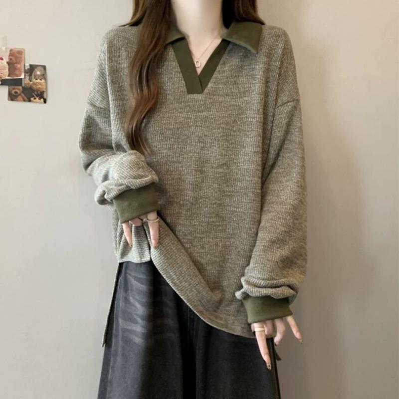 

College Style Retro POLO Neck T-shirt for Women Autumn Winter Loose Lazy Sweatshirt L зелений