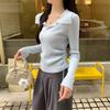 A short drawstring waist polo collar long-sleeved knitted sweater women's spring and autumn bottoming shirt top