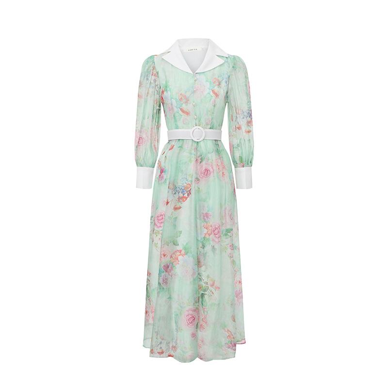 

2026 Spring/Summer New Arrival Color-Blocked Oil Painting-Style Floral Print Retro Evening Dress for Women 2XL зелений