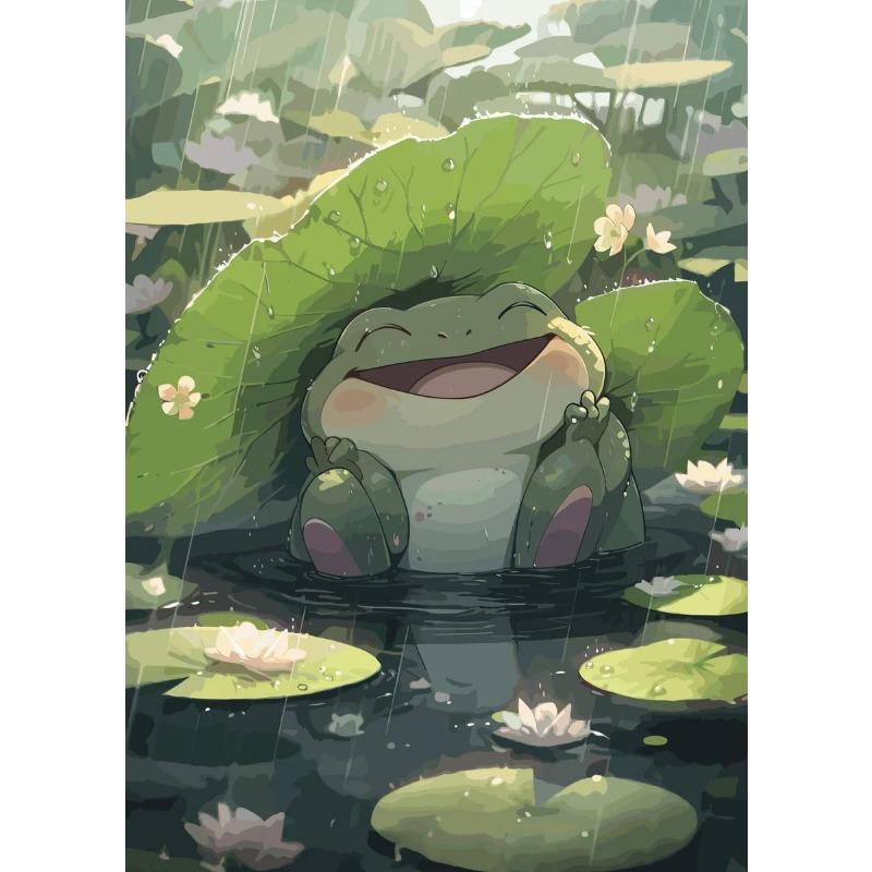 Cute Cat and Frog On The River Lotus Leaf Poster Modern Animals Canvas Painting Wall Art for Living Room Home Decor Mural