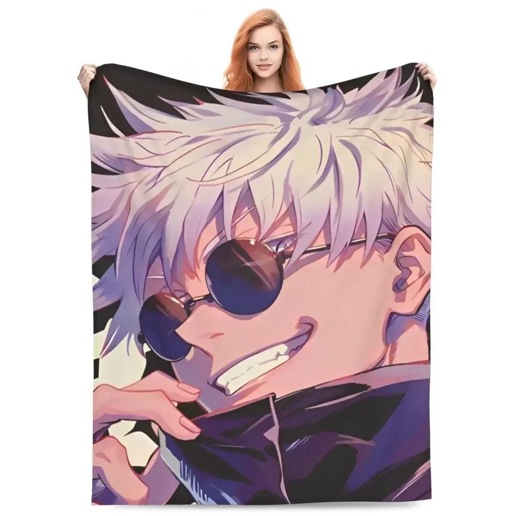 Gojo Satoru Knitted Blanket Anime Jujutsu Kaisen Flannel Throw Blanket Summer Air Conditioning Personalised Soft Warm Bedspreads