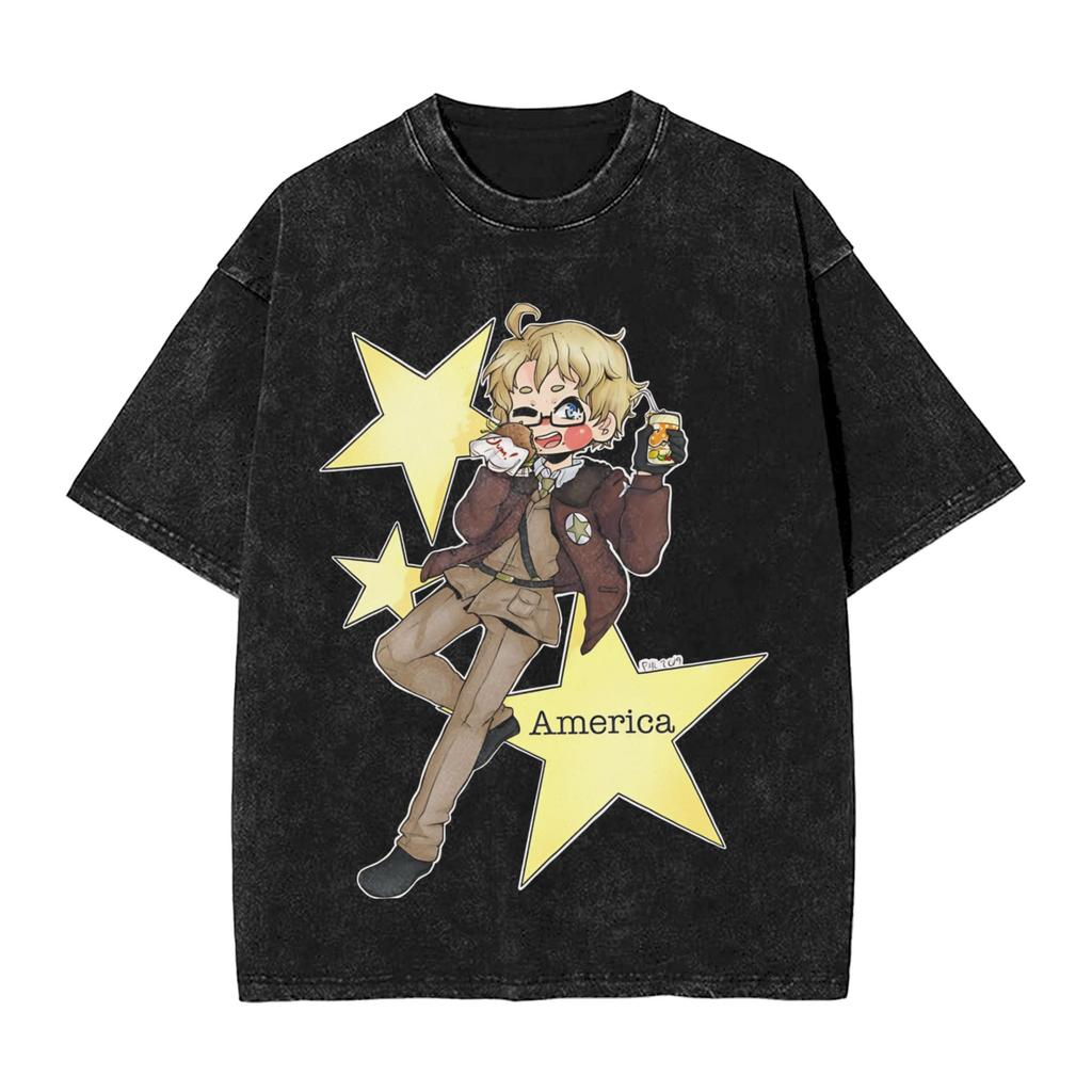 Vintage Washed Tshirt Hetalia Axis Power  Cotton Tshirts  Fashion Tee Shirt For Man Summer Y2k Fun Design Top Tees