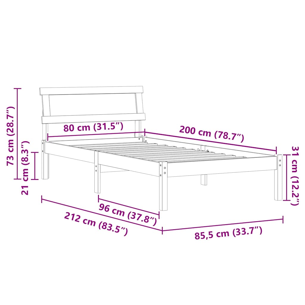 White Bed Frame with Headboard 80 x 200 cm Solid Pine Wood