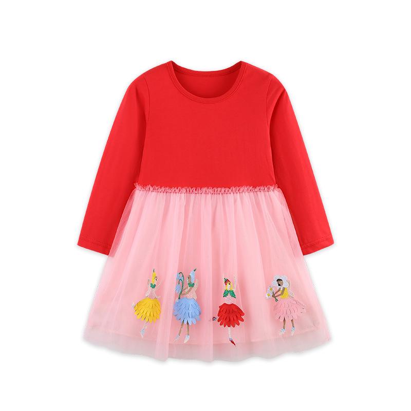 Autumn Mesh Embroidered Princess Dress for Girls - Knitted Cotton Patchwork Skirt 7 Years (125cm)