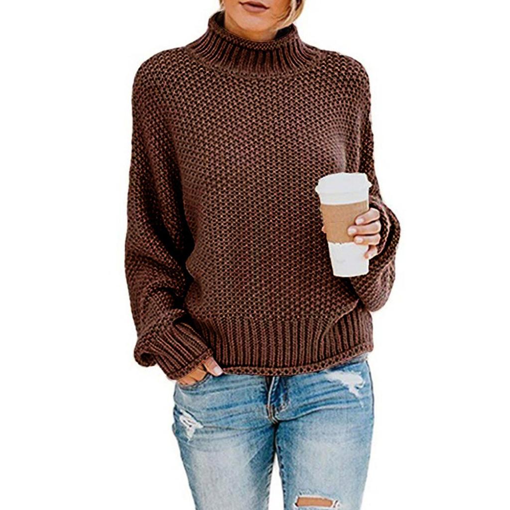 Women's High Neck Solid Color Sweater Casual Stripe Pullover Long Sleeve Sweater