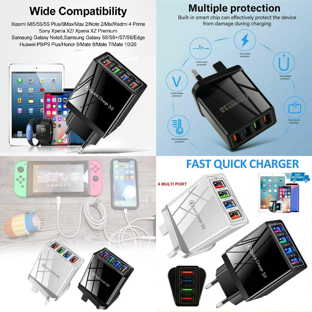 Colorful 4 Usb Phone Charger 3a Tablet Travel Charger Eu Plug Charging Head